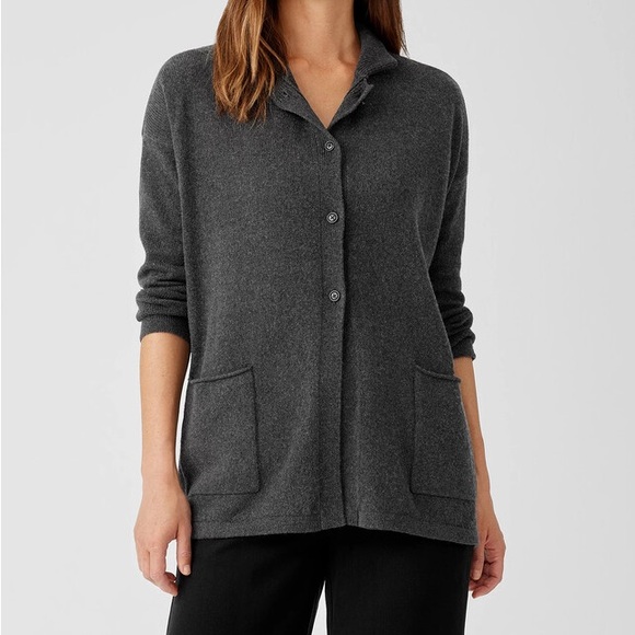 Eileen Fisher Cotton Cashmere Cardigan Boxy Fit Grey Button Front Pocket Sz XL - Picture 2 of 11